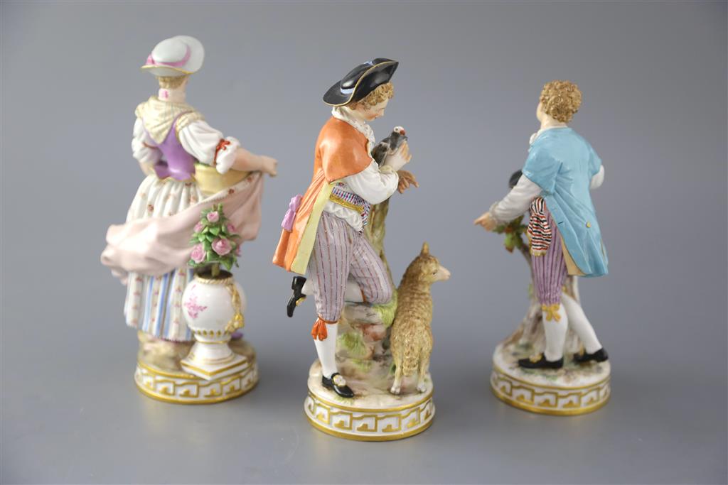 Three Meissen porcelain figures, late 19th century, 18cm - 19cm high
